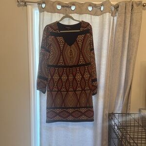 Robbie Bee Geometric Black and Brown Long Sleeve Dress